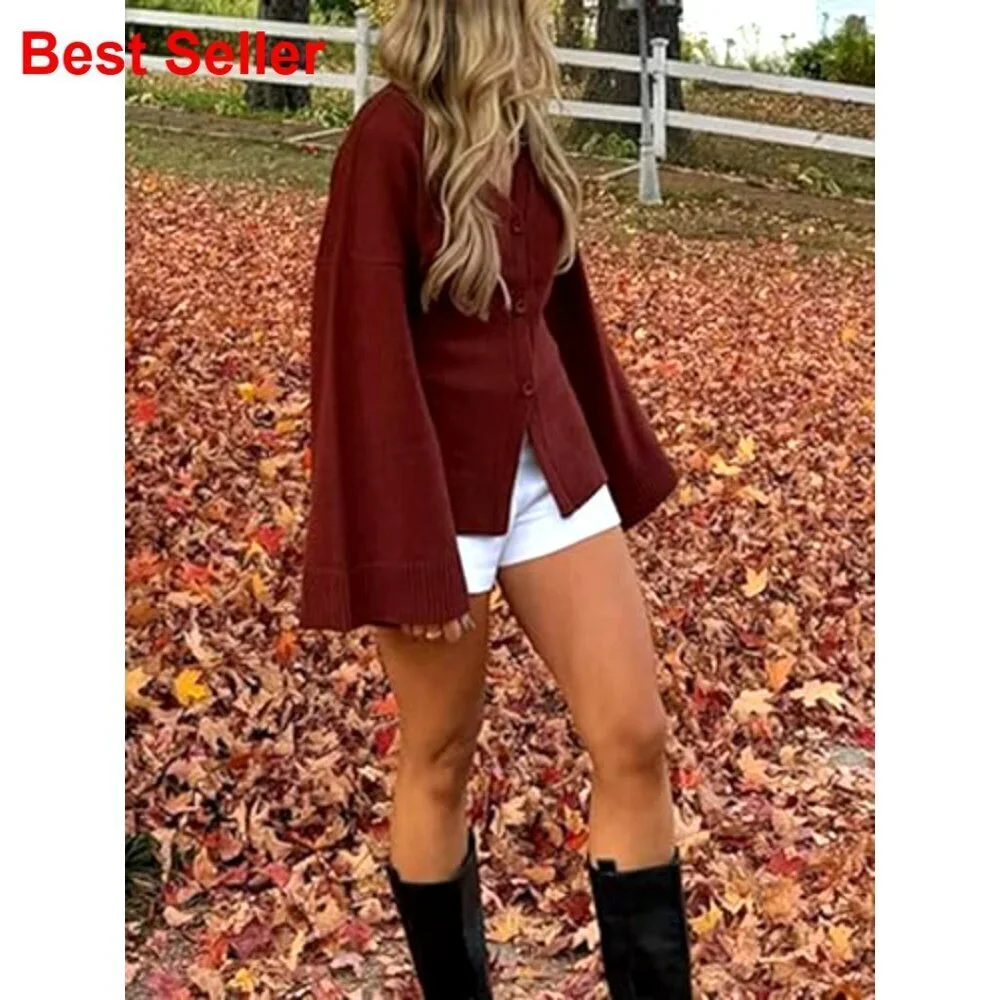 Long Bell Sleeve Cardigan V Neck Button Down Cinched Waist Sweater